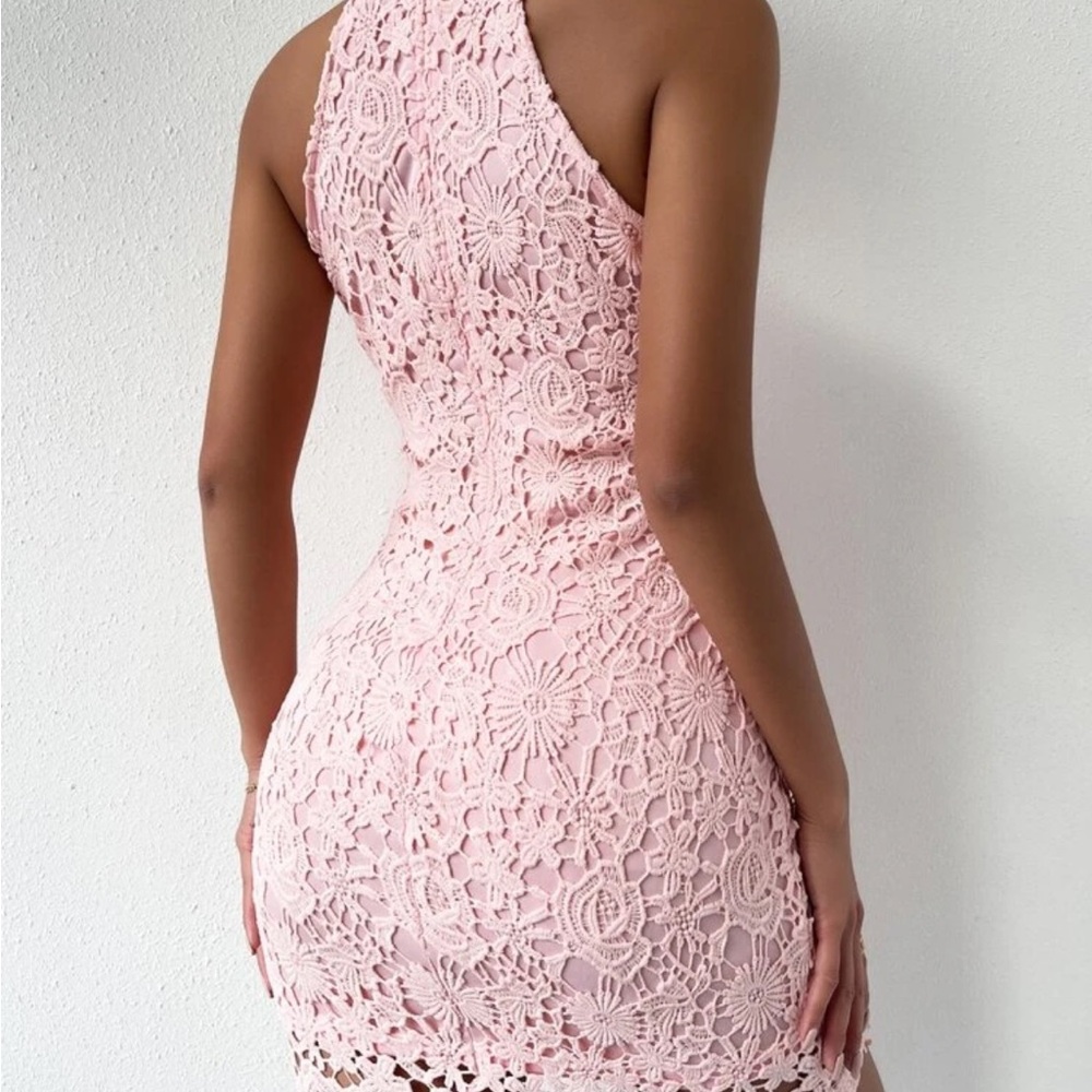 Pink heavy lace dress.